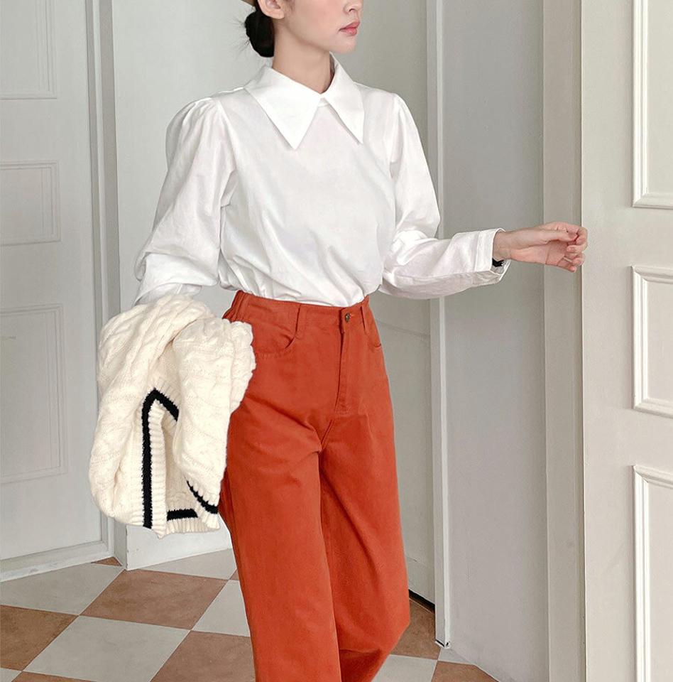 コットンカラーパフブラウス・t00043 レディース 【bl】トップス ブラウス パフスリーブ 長袖 襟コン コットン 綿 単色 無地 シンプル かわいい 可愛い ガーリー フレンチ 白 ホワイト スクールガール 大きい襟 春 秋 韓国ファッション