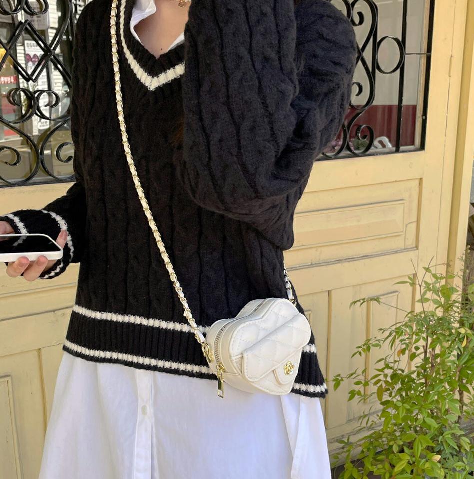 ≪人気商品再入荷≫Vネックチルデンケーブルニット・t00047 レディース 【tops】トップス ニット 長袖 ケーブル編み チルデン ライン 配色 Vネック カジュアル 大人 バイカラー スクールガール ドロップショルダー 秋 冬 韓国ファッション