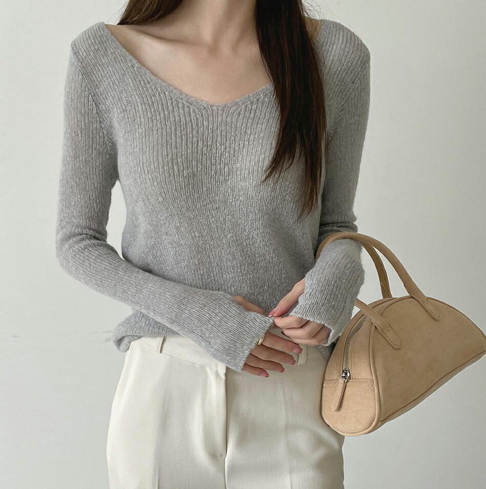モヘア混フィンガーホールVネックニット・t00020 レディース 【tops】トップス ニット Vネック 長袖 フィンガーホール 親指 モヘア ウール 単色 無地 シンプル カジュアル デコルテ グレー 秋 冬 韓国ファッション