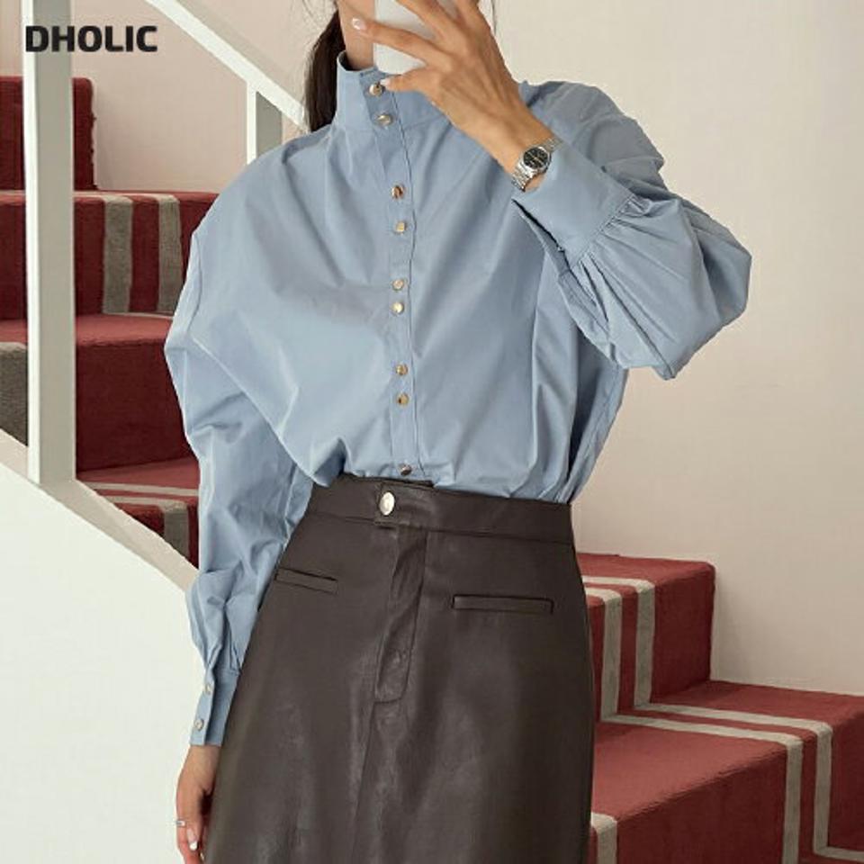 2WAYハーフネックボタンブラウス・t00024 レディース 【bl】トップス ブラウス 長袖 ハーフネック 大人 きれいめ 上品 前後着用自由 ゴールドボタン ドロップショルダー 単色 無地 シンプル フレンチ 骨格ウェーブ 春 秋 韓国ファッション