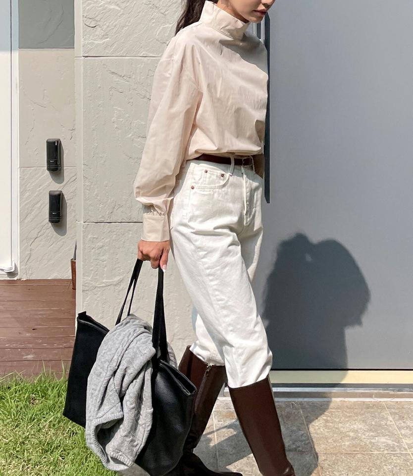 2WAYハーフネックボタンブラウス・t00024 レディース 【bl】トップス ブラウス 長袖 ハーフネック 大人 きれいめ 上品 前後着用自由 ゴールドボタン ドロップショルダー 単色 無地 シンプル フレンチ 骨格ウェーブ 春 秋 韓国ファッション