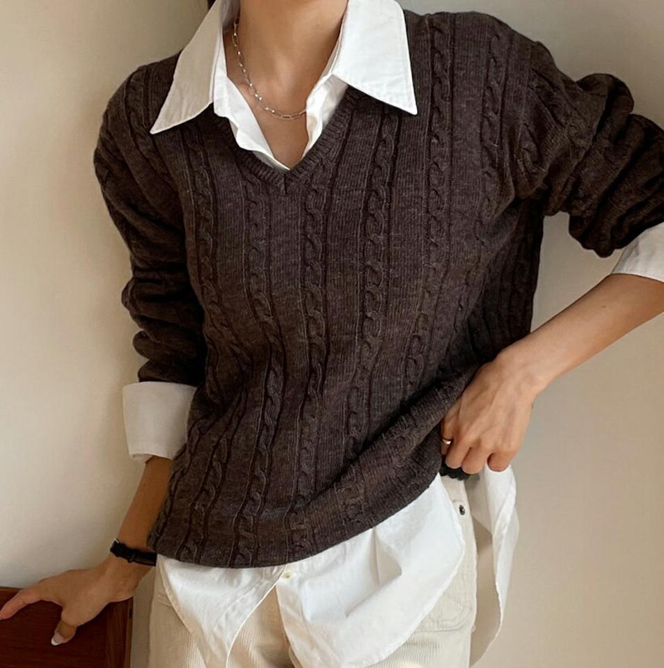 ウール混Vネックケーブルニット・t00025 レディース 【tops】トップス ニット ケーブル編み 単色 無地 シンプル カジュアル ウール Vネック ドロップショルダー メランジカラー ブラウン 茶色 秋 冬 長袖 韓国ファッション