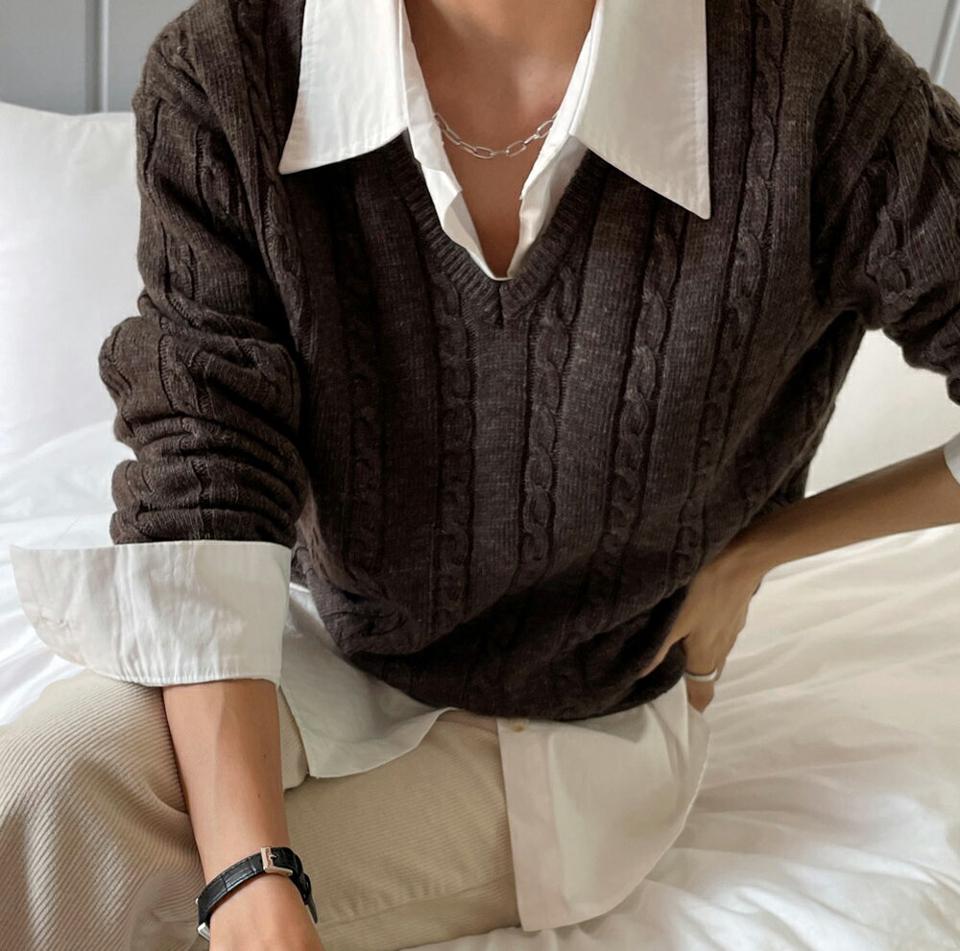 ウール混Vネックケーブルニット・t00025 レディース 【tops】トップス ニット ケーブル編み 単色 無地 シンプル カジュアル ウール Vネック ドロップショルダー メランジカラー ブラウン 茶色 秋 冬 長袖 韓国ファッション