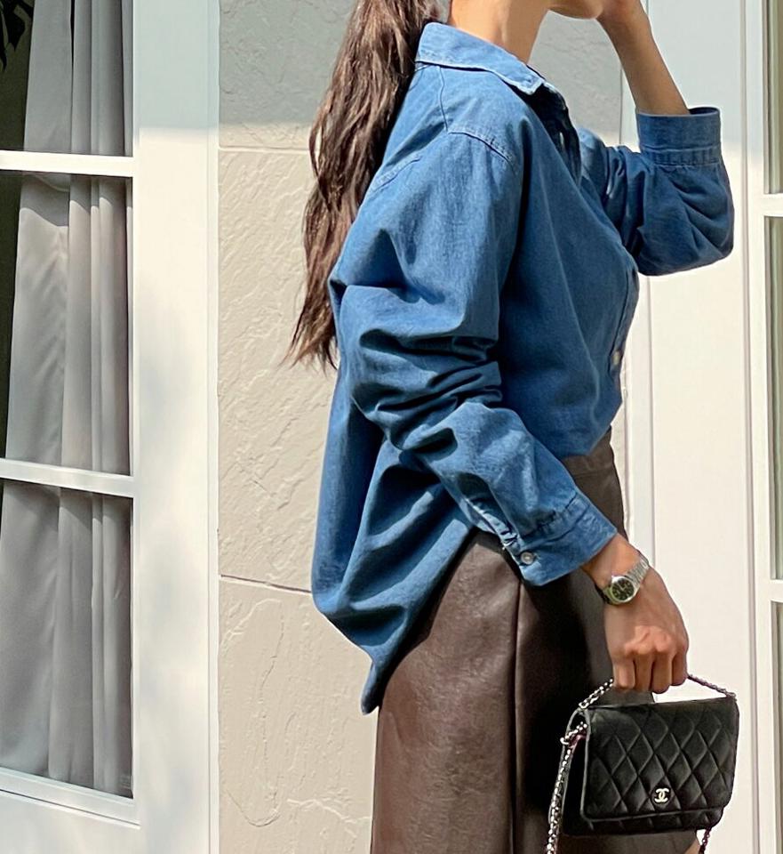 コットンデニムシャツ・t00023 レディース 【bl】トップス シャツ デニム 長袖 コットン 綿 シンプル カジュアル ラフ 春 秋 韓国ファッション