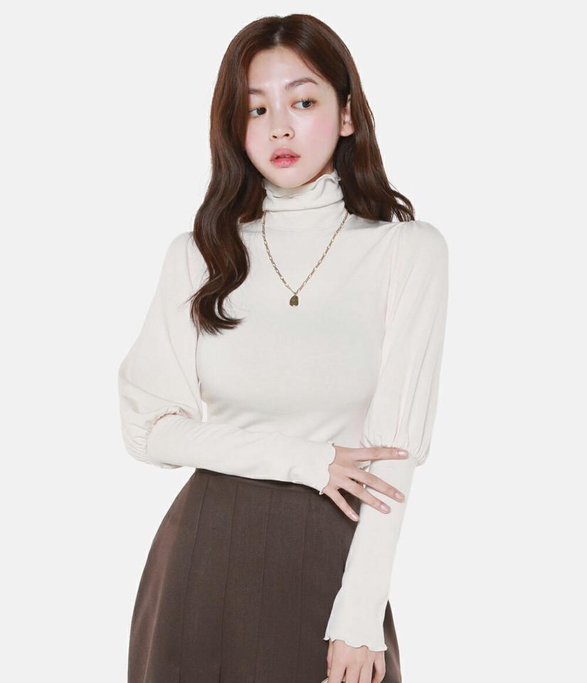【マラソン特価】裏起毛メロウハイネックパフTシャツ・t00009 レディース 【tops】トップス Tシャツ パフスリーブ 長袖 メロウ ハイネック 裏起毛 暖かい 単色 無地 シンプル ベーシック 大人 カジュアル ギャザー 袖コン 骨格ウェーブ 冬 韓国ファッション
