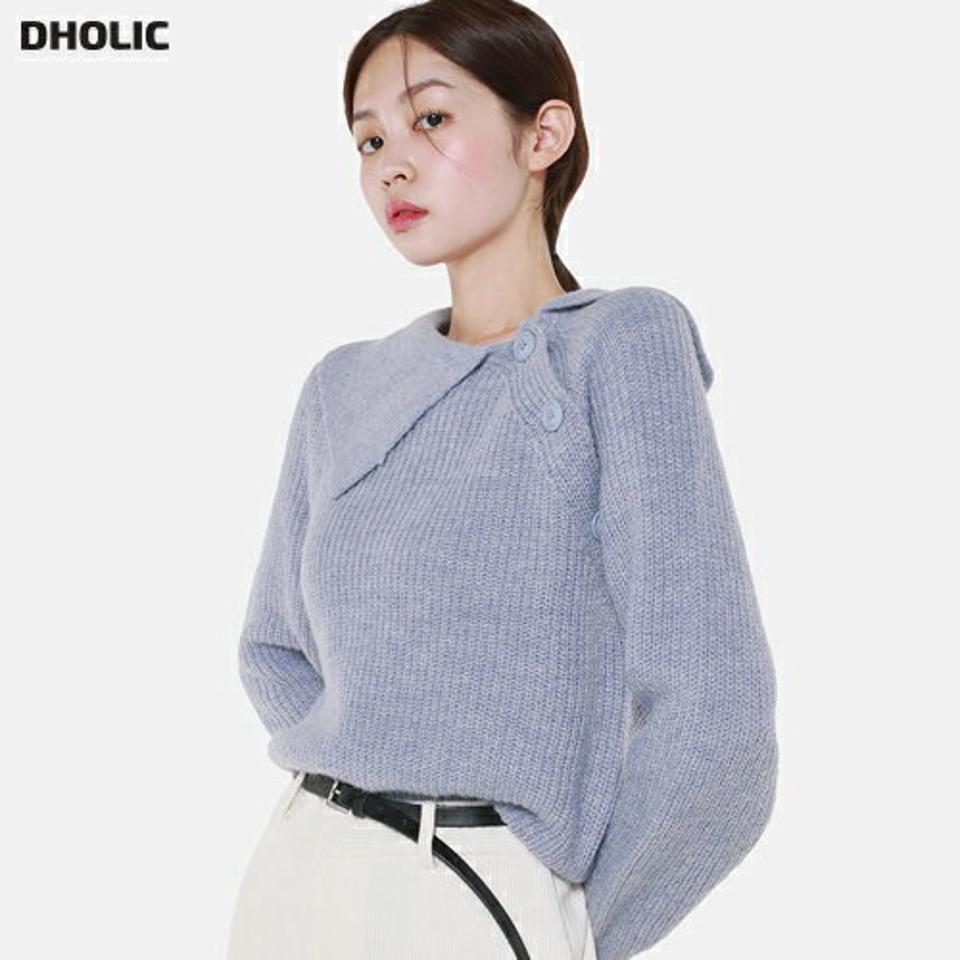アルパカ混アンバランスカラーボタンニット・t00016 レディース 【tops】トップス ニット 長袖 カラーニット ボタン アルパカ アンバランス 大きい襟 リブ 単色 無地 シンプル カジュアル ウール メランジ パープル 青 紫 秋 冬 韓国ファッション 人気