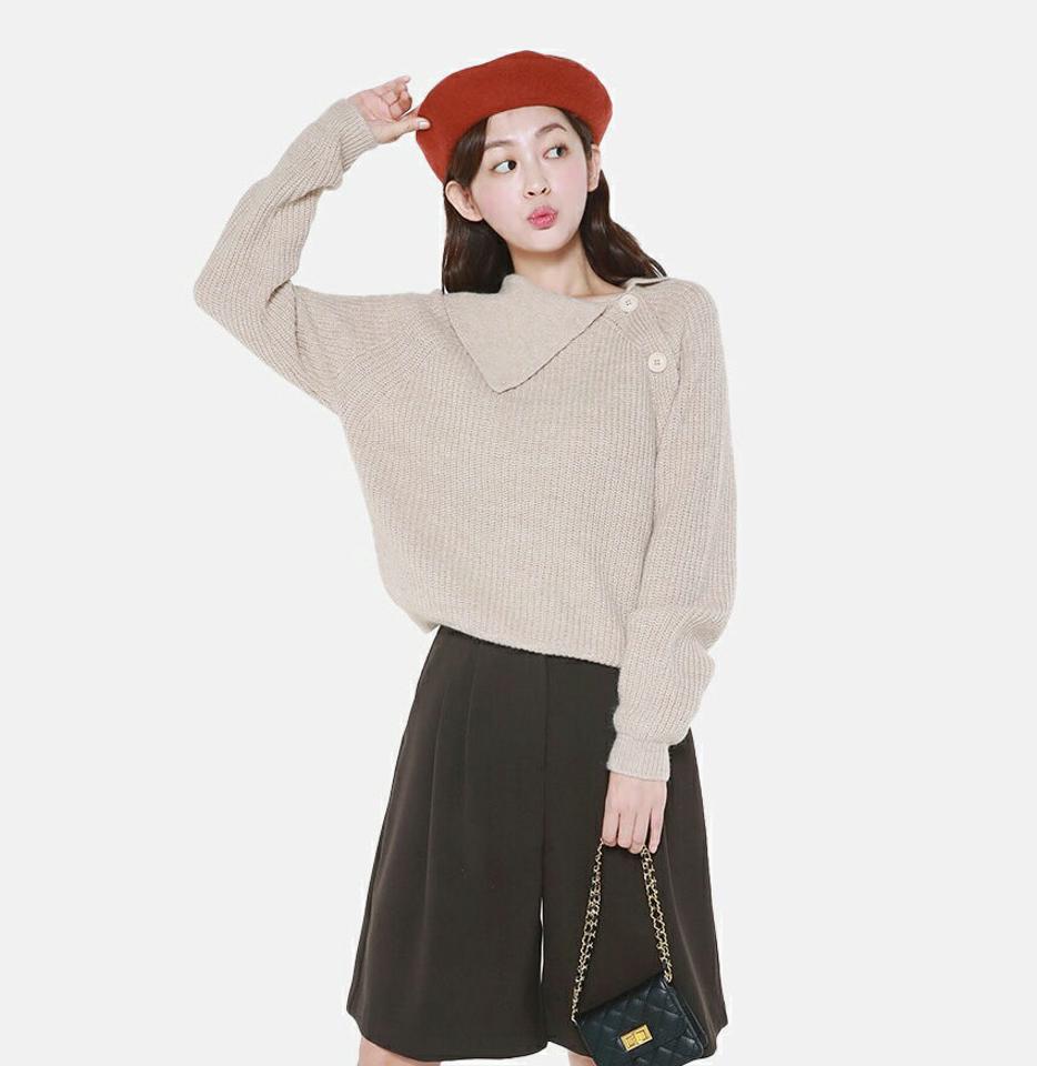 アルパカ混アンバランスカラーボタンニット・t00016 レディース 【tops】トップス ニット 長袖 カラーニット ボタン アルパカ アンバランス 大きい襟 リブ 単色 無地 シンプル カジュアル ウール メランジ パープル 青 紫 秋 冬 韓国ファッション 人気