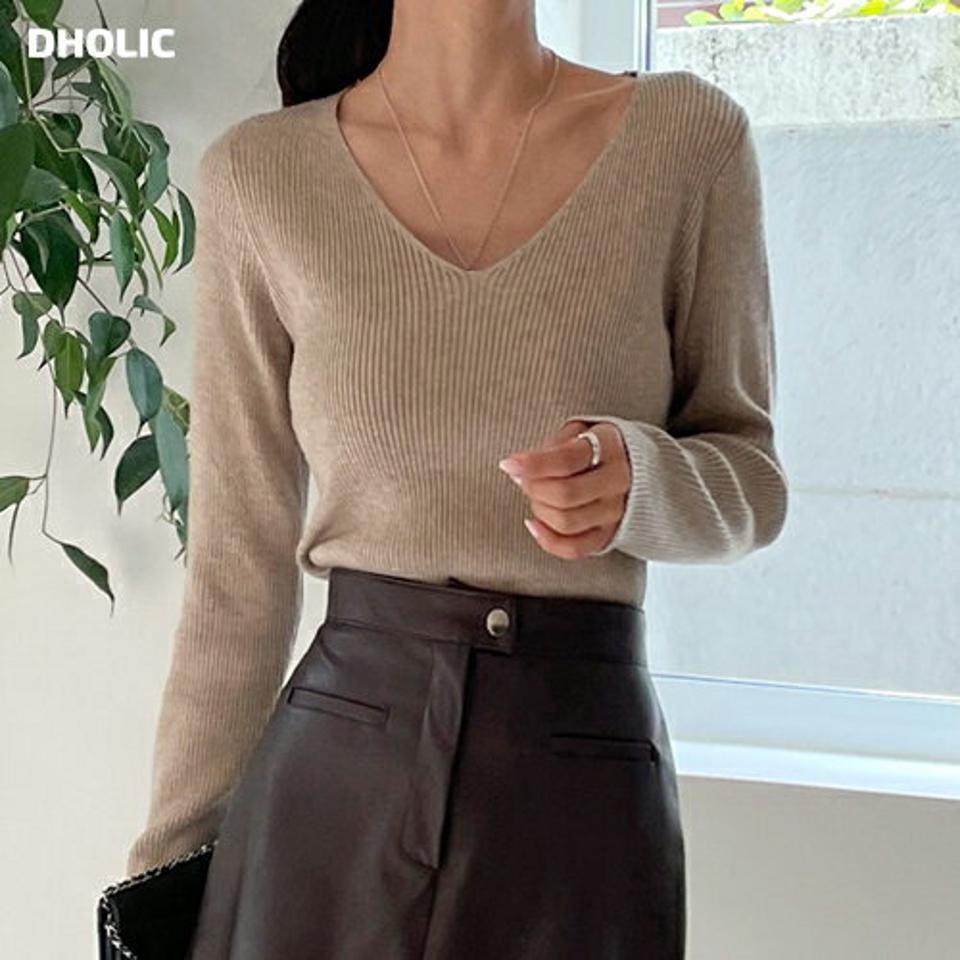 ウール混Vネックメランジリブニット・t00022 レディース 【tops】トップス ニット 長袖 Vネック メランジ ウール 単色 無地 シンプル ベーシック スリム カジュアル スリム ラフ 骨格ストレート 秋 冬 韓国ファッション