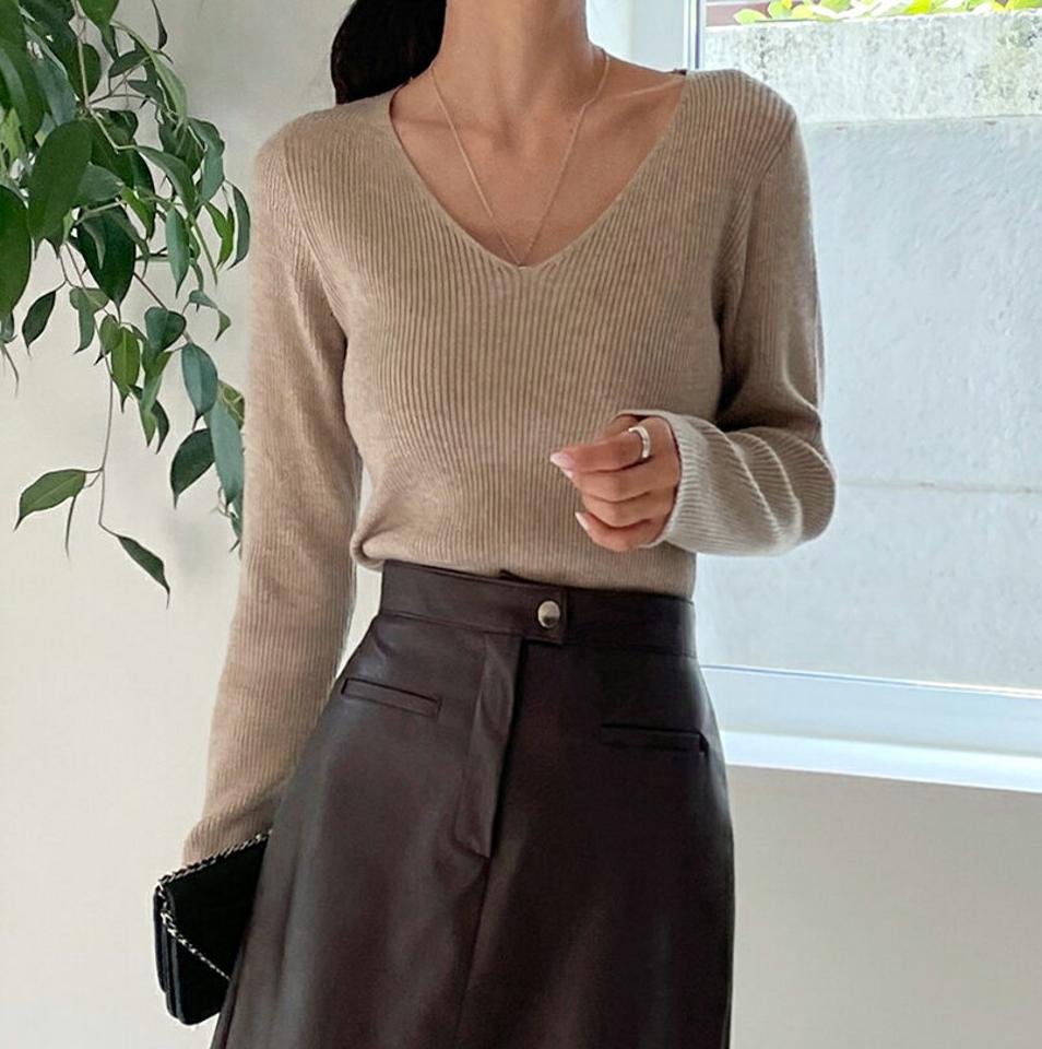 ウール混Vネックメランジリブニット・t00022 レディース 【tops】トップス ニット 長袖 Vネック メランジ ウール 単色 無地 シンプル ベーシック スリム カジュアル スリム ラフ 骨格ストレート 秋 冬 韓国ファッション