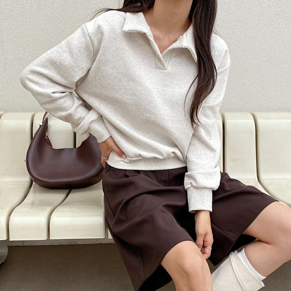 スリットカラースウェット・b00031 レディース 【tops】トップス スウェット トレーナー 長袖 襟コン スリットカラー 単色 無地 シンプル カジュアル ラフ ベーシック ドロップショルダー メランジカラー 骨格ストレート 秋 冬 韓国ファッション