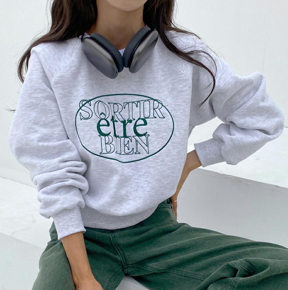 両起毛レタリング刺繍スウェット・t00032 レディース 【tops】トップス スウェット トレーナー 長袖 ロゴ 起毛 裏起毛 刺繍 ラウンドネック カジュアル 大人 緑 グリーン コットン 綿 レタリング ラグラン メランジ クリスマス 冬 韓国ファッション