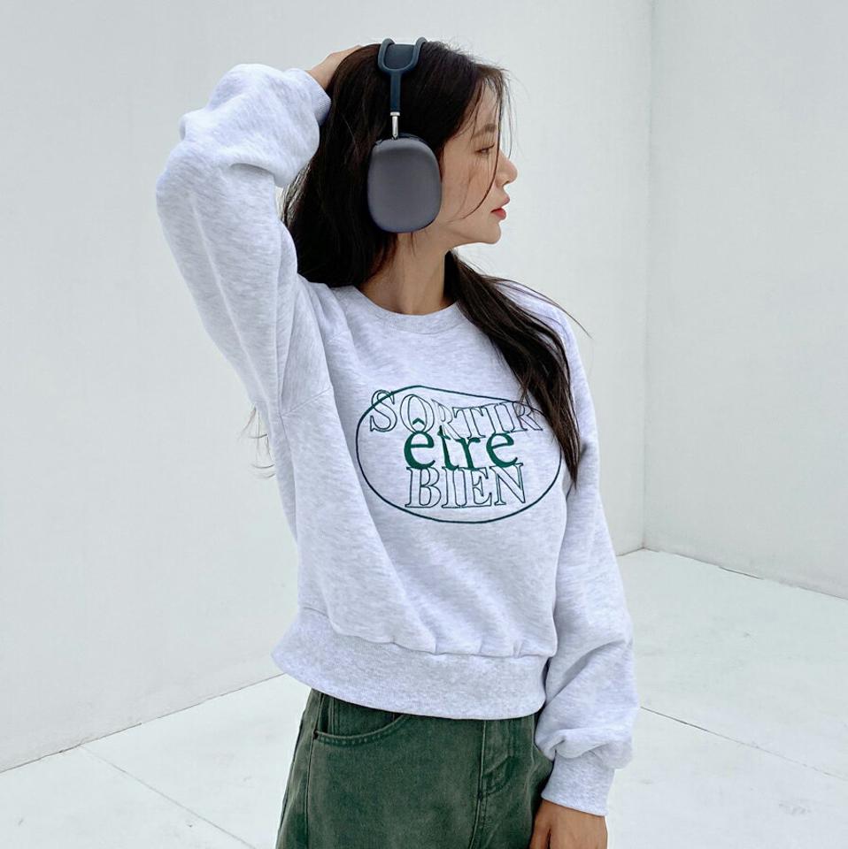両起毛レタリング刺繍スウェット・t00032 レディース 【tops】トップス スウェット トレーナー 長袖 ロゴ 起毛 裏起毛 刺繍 ラウンドネック カジュアル 大人 緑 グリーン コットン 綿 レタリング ラグラン メランジ クリスマス 冬 韓国ファッション