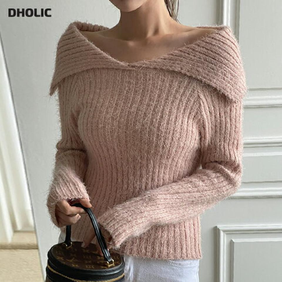 ファータッチカラーリブニット・t00033 レディース 【tops】トップス ニット 長袖 露出 デコルテ ファータッチ ふわふわ リブ 単色 無地 シンプル フェミニン 大人 ワンホン カラーニット 大きい襟 ピンク パステル 秋 冬 韓国ファッション