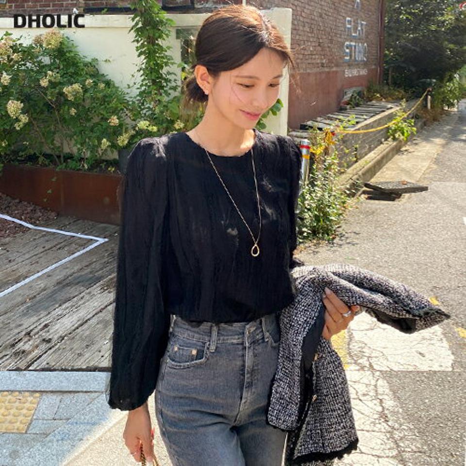 レースフリルパフブラウス・t00086 レディース 【bl】トップス ブラウス 長袖 パフスリーブ 袖コン フリル 総レース ラウンドネック フェミニン 大人 きれいめ オフィス オケージョン メッシュ テクスチャ ユニーク 春 秋 韓国ファッション