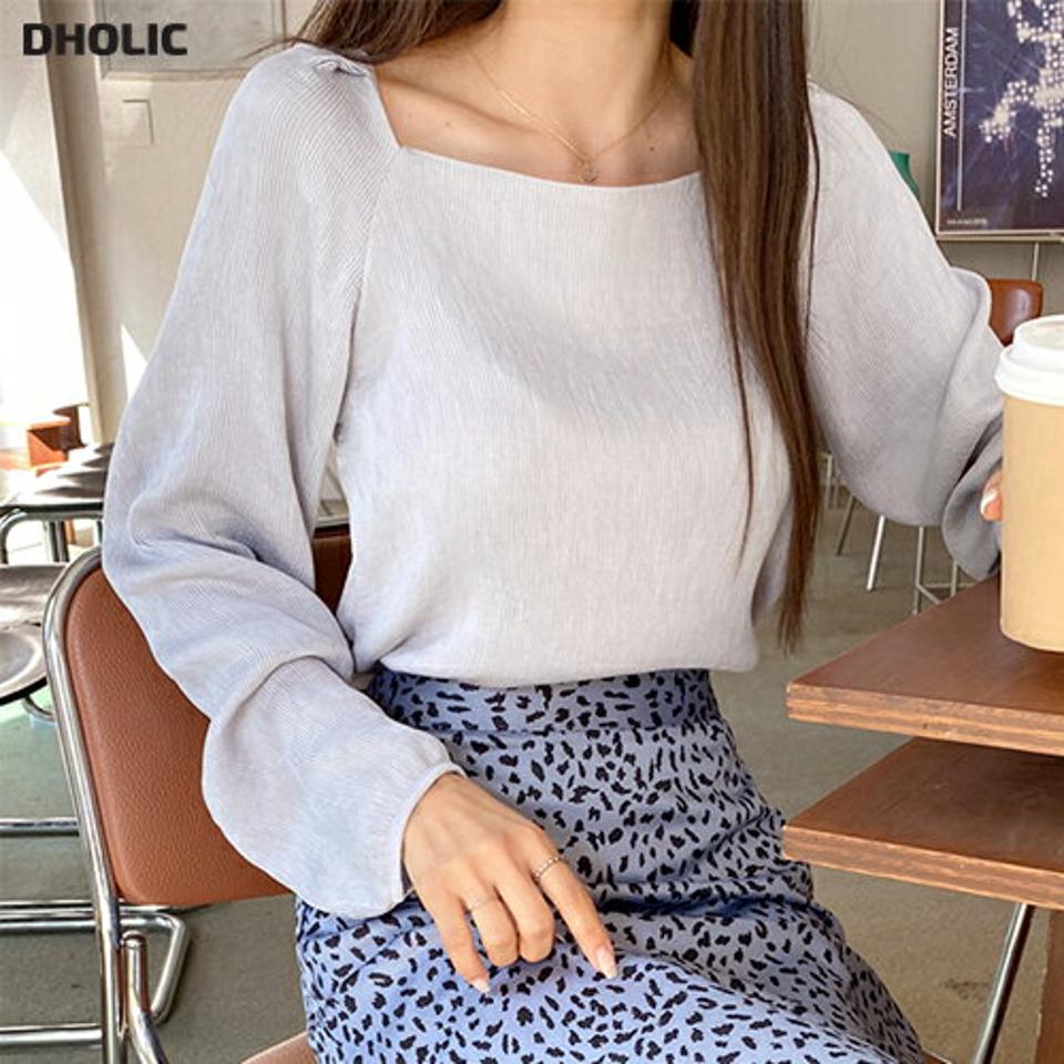 スクエアネックリブパフブラウス・t00085 レディース 【bl】トップス ブラウス 長袖 パフスリーブ スクエアネック リブ 単色 無地 シンプル 大人 フェミニン きれいめ デコルテ 鎖骨 ラグラン クロップド丈 オフィス 秋 冬 韓国ファッション