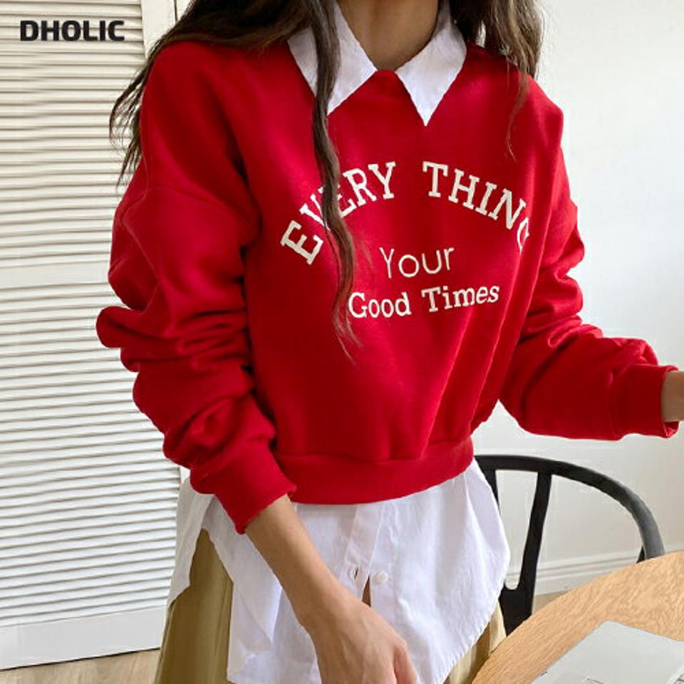 裏起毛EVERY THINGスウェット・t00043 レディース 【tops】トップス スウェット トレーナー 長袖 ロゴ レタリング プルオーバー ラウンドネック 赤 レッド 裏起毛 カジュアル コットン 綿 メランジ ワンマイル クリスマス ショート丈 冬 韓国ファッション