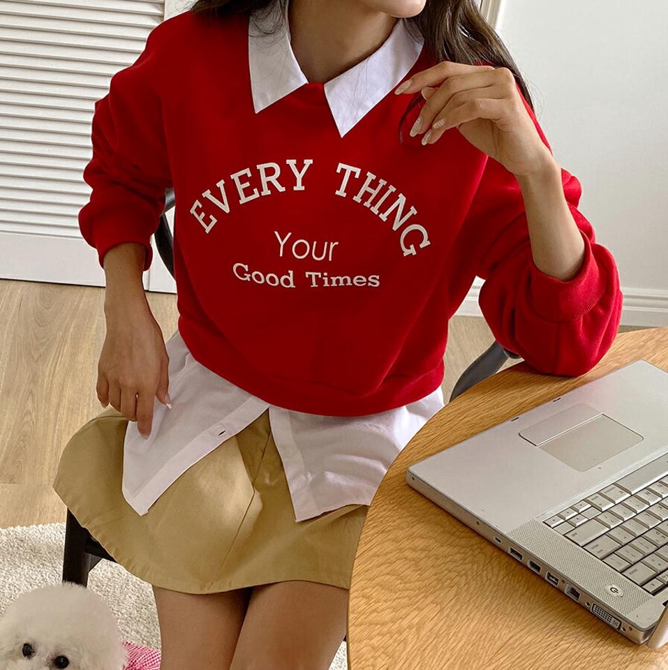 裏起毛EVERY THINGスウェット・t00043 レディース 【tops】トップス スウェット トレーナー 長袖 ロゴ レタリング プルオーバー ラウンドネック 赤 レッド 裏起毛 カジュアル コットン 綿 メランジ ワンマイル クリスマス ショート丈 冬 韓国ファッション