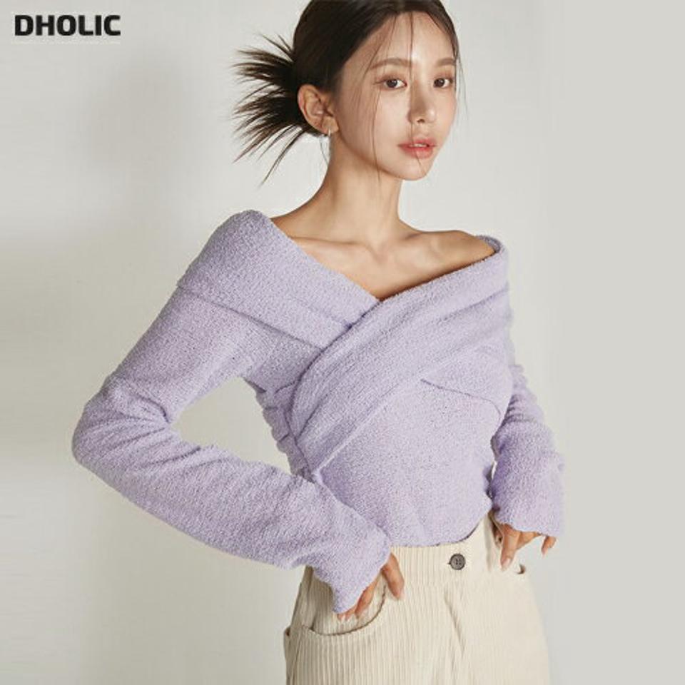 2WAYクロスブークレTシャツ・t00061 レディース 【tops】トップス Tシャツ 長袖 ブークレ クロス デコルテ 露出 肌見せ セクシー ユニーク オフショルダー メロウヘム 大人 かわいい 可愛い 前後着用自由 紫 パープル 秋 冬 韓国ファッション