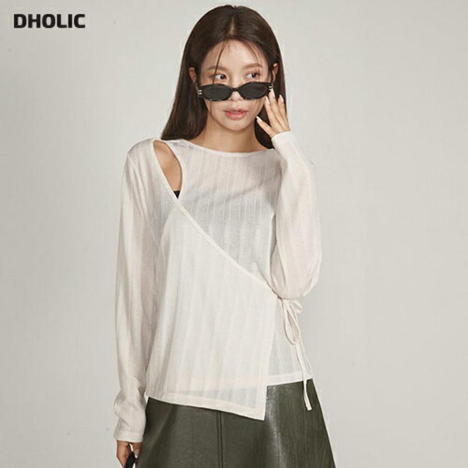 リボンラップリブ長袖Tシャツ・t00057 レディース 【tops】トップス Tシャツ 長袖 リブ ラップデザイン リボン インしない ラウンドネック 単色 シンプル カジュアル 肌見せ 露出 カットアウト カジュアル ユニーク 秋 冬 春 韓国ファッション