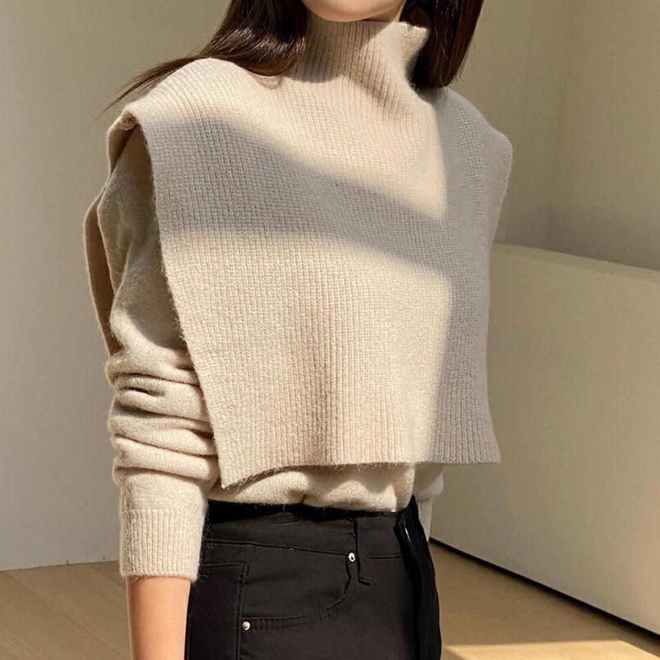 【マラソン特価】Vネックニット&ハイネックベストSET・t00046 レディース 【tops】トップス ベスト ニット 長袖 Vネック ベスト ハイネック レイヤード シンプル 単色 無地 シンプル リブ カジュアル べージュ ユニーク セット 秋 冬 韓国ファッション セール