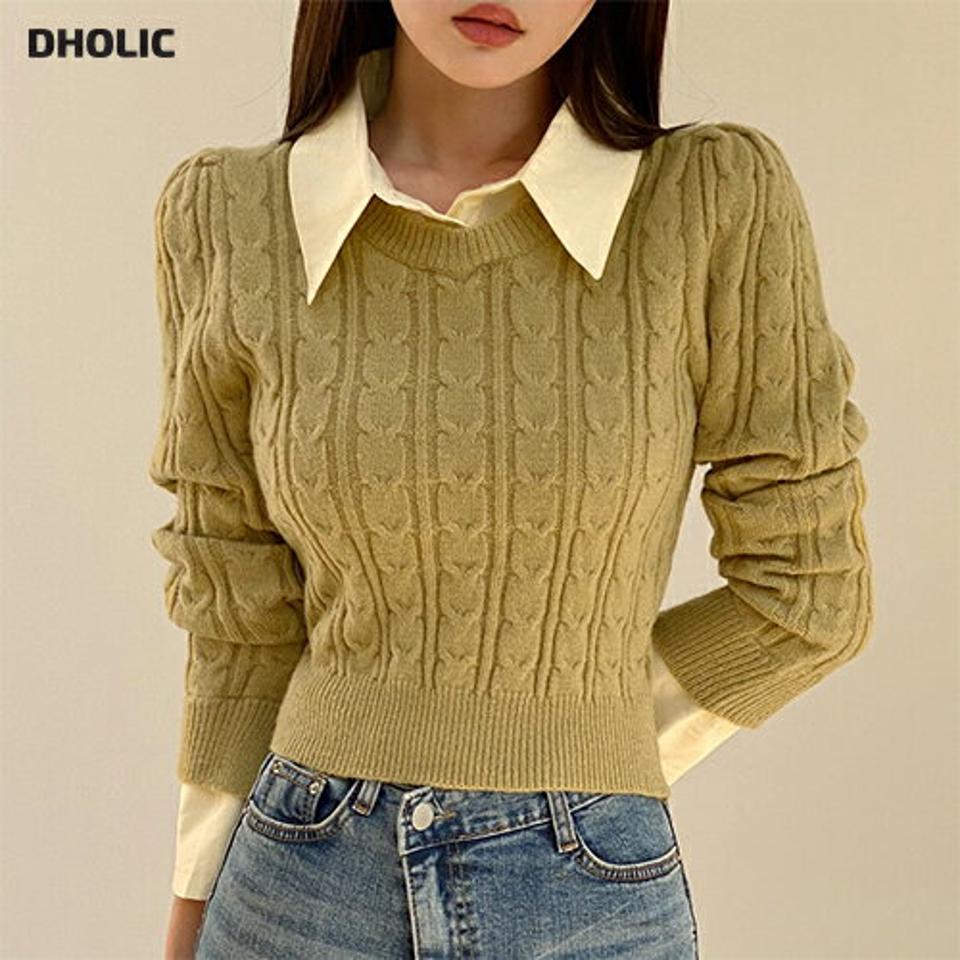 シャツドッキングケーブルニット・t00043 レディース 【tops】トップス ニット カラーニット 長袖 ドッキング シャツ レイヤード風 異素材 ケーブル編み カジュアル 大人 単色 襟 黄緑 黄色 秋 冬 韓国ファッション