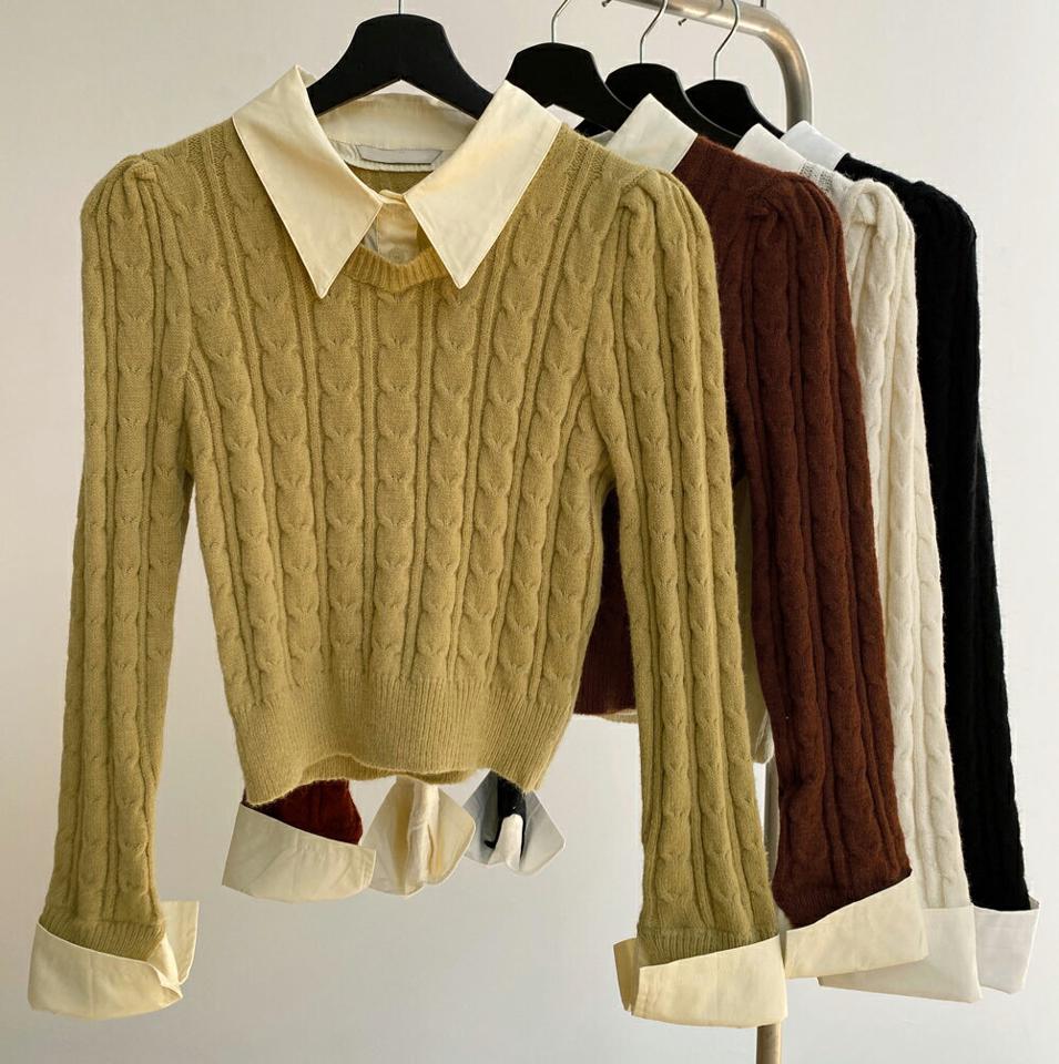 シャツドッキングケーブルニット・t00043 レディース 【tops】トップス ニット カラーニット 長袖 ドッキング シャツ レイヤード風 異素材 ケーブル編み カジュアル 大人 単色 襟 黄緑 黄色 秋 冬 韓国ファッション