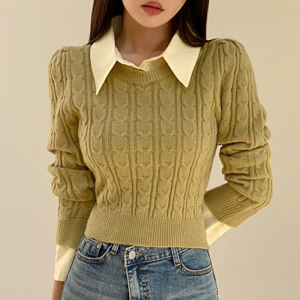 シャツドッキングケーブルニット・t00043 レディース 【tops】トップス ニット カラーニット 長袖 ドッキング シャツ レイヤード風 異素材 ケーブル編み カジュアル 大人 単色 襟 黄緑 黄色 秋 冬 韓国ファッション