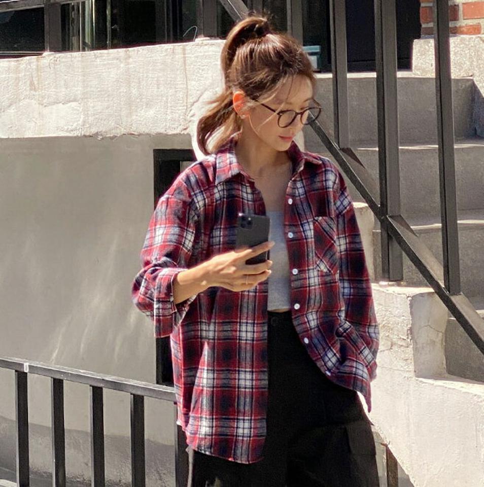 チェックルーズシャツ・t00115 レディース 【bl】トップス シャツ 長袖 チェック柄 ルーズ ゆったり ラフ チェックシャツ カジュアル ラフ コットン 綿 ドロップショルダー 秋 冬 韓国ファッション