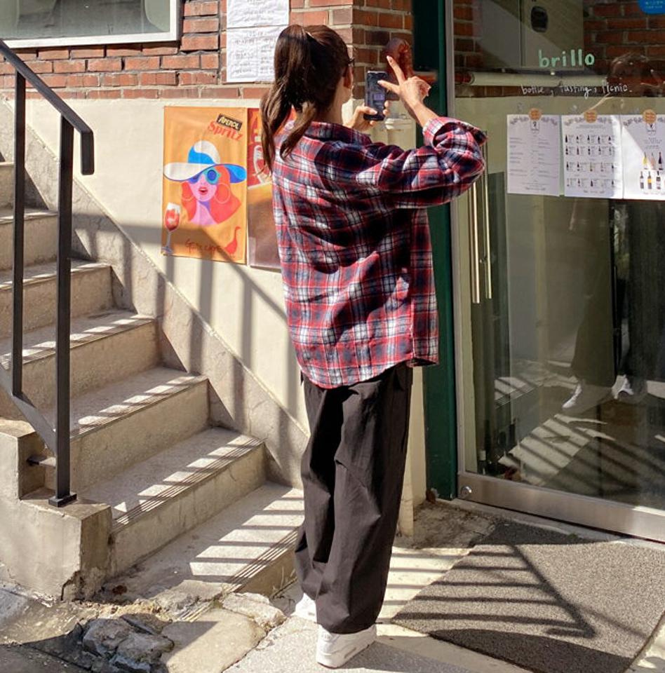 チェックルーズシャツ・t00115 レディース 【bl】トップス シャツ 長袖 チェック柄 ルーズ ゆったり ラフ チェックシャツ カジュアル ラフ コットン 綿 ドロップショルダー 秋 冬 韓国ファッション