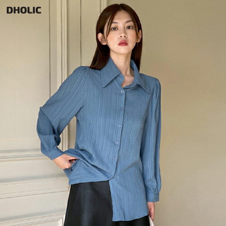 パフスリーブリンクルシャツ・t00068 レディース 【bl】トップス シャツ 長袖 リンクル パフスリーブ 袖コン 青 水色 ブルー 単色 シンプル カジュアル 大人 爽やか オフィス 秋 冬 韓国ファッション