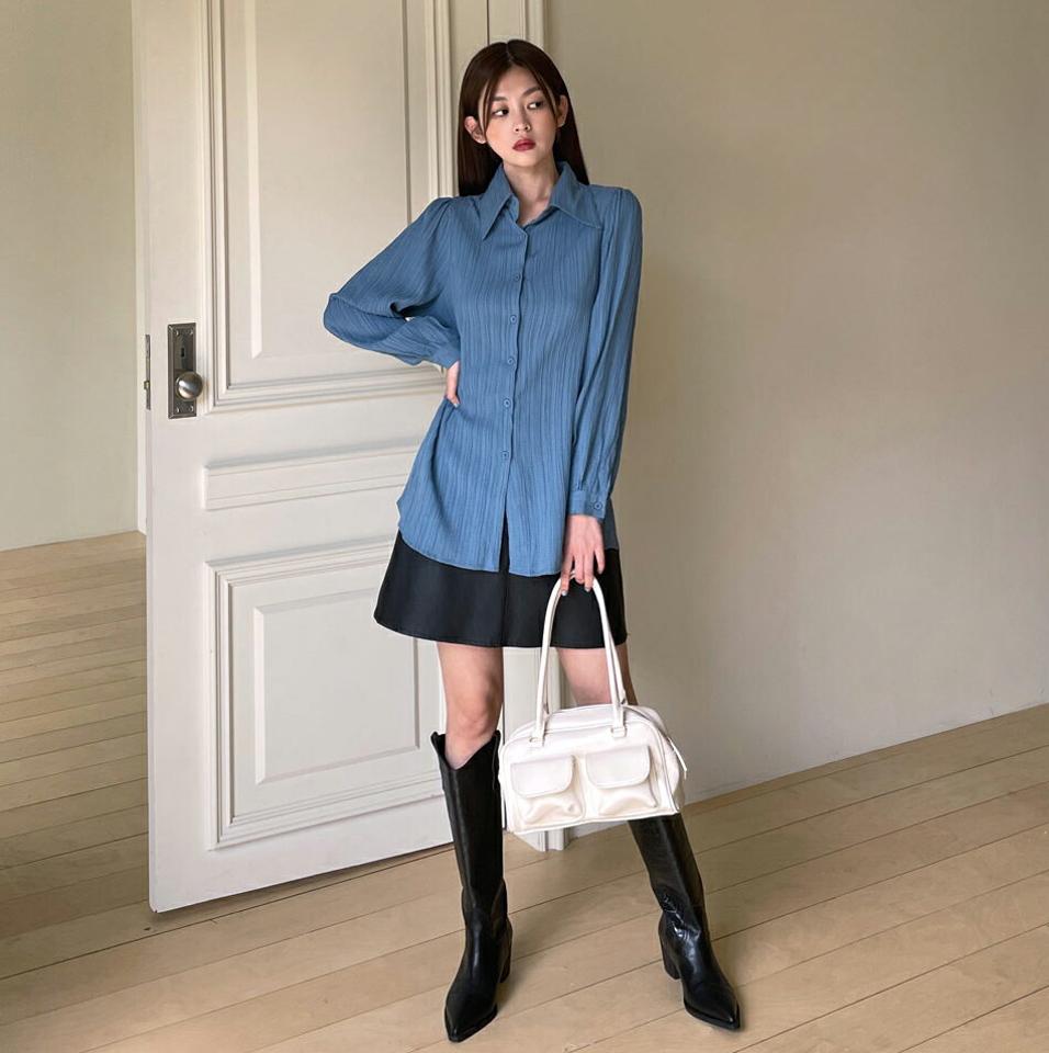 パフスリーブリンクルシャツ・t00068 レディース 【bl】トップス シャツ 長袖 リンクル パフスリーブ 袖コン 青 水色 ブルー 単色 シンプル カジュアル 大人 爽やか オフィス 秋 冬 韓国ファッション