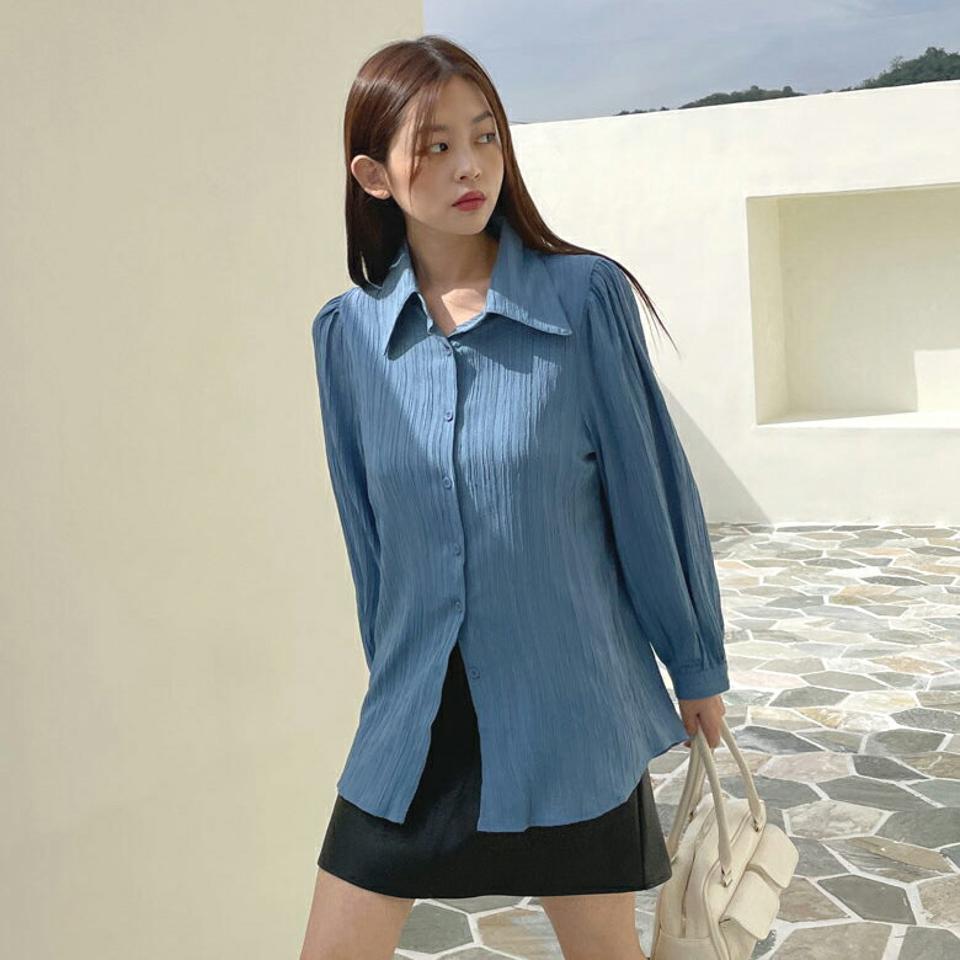 パフスリーブリンクルシャツ・t00068 レディース 【bl】トップス シャツ 長袖 リンクル パフスリーブ 袖コン 青 水色 ブルー 単色 シンプル カジュアル 大人 爽やか オフィス 秋 冬 韓国ファッション