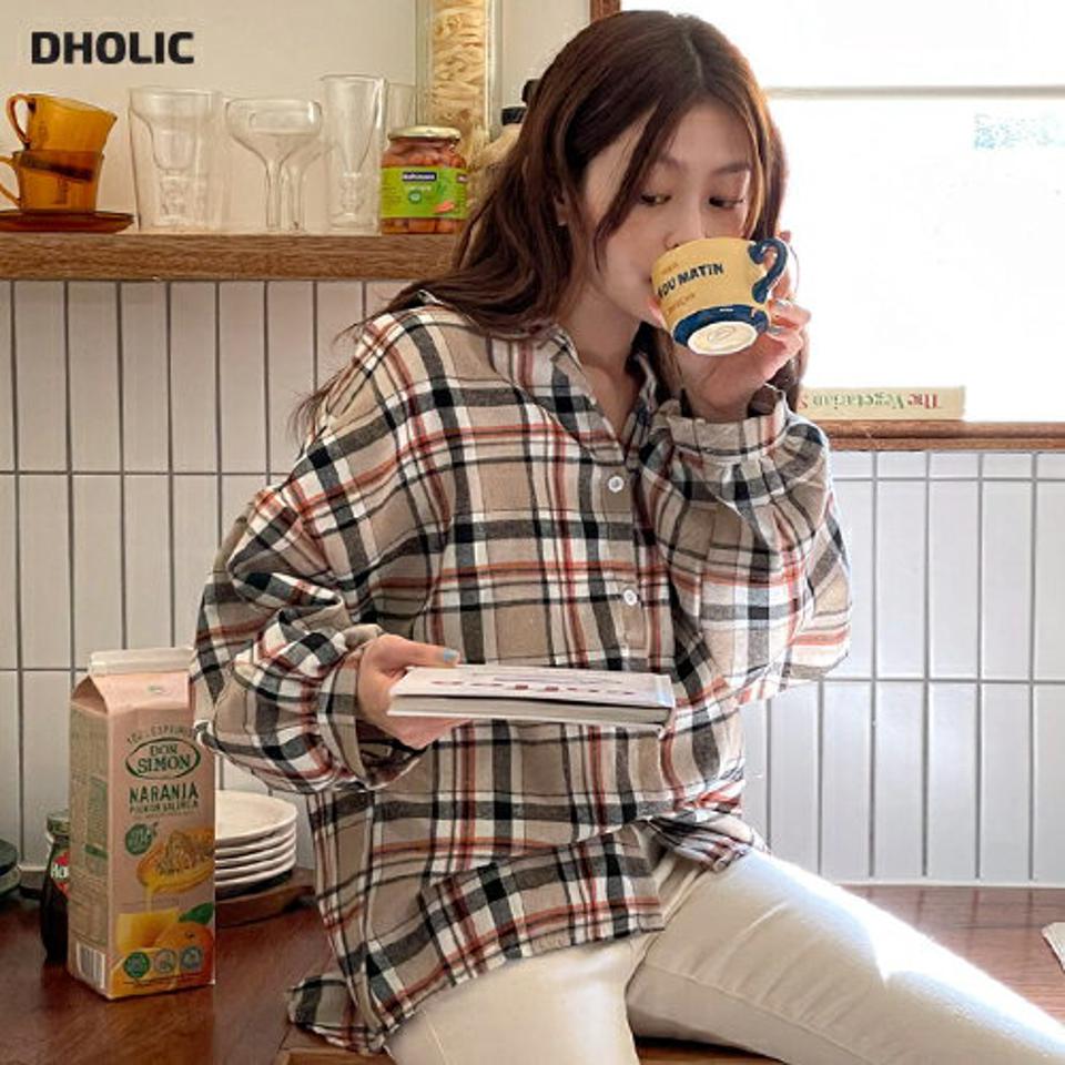 アンバランスへムチェックシャツ・t00073 レディース 【bl】トップス シャツ 長袖 チェック柄 チェックシャツ アンバランス カジュアル 襟 ラフ 茶色 ブラウン ルーズ ドロップショルダー クリスマス 秋 冬 春 韓国ファッション