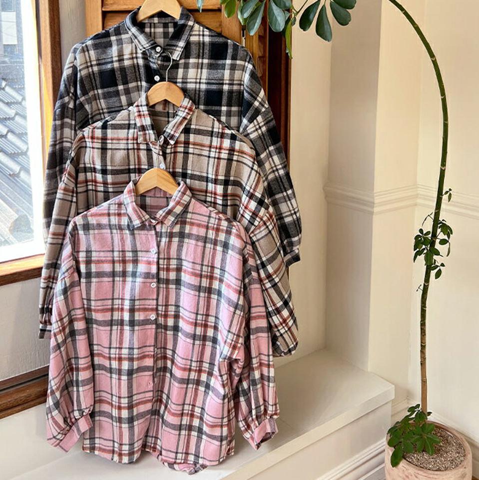 アンバランスへムチェックシャツ・t00073 レディース 【bl】トップス シャツ 長袖 チェック柄 チェックシャツ アンバランス カジュアル 襟 ラフ 茶色 ブラウン ルーズ ドロップショルダー クリスマス 秋 冬 春 韓国ファッション
