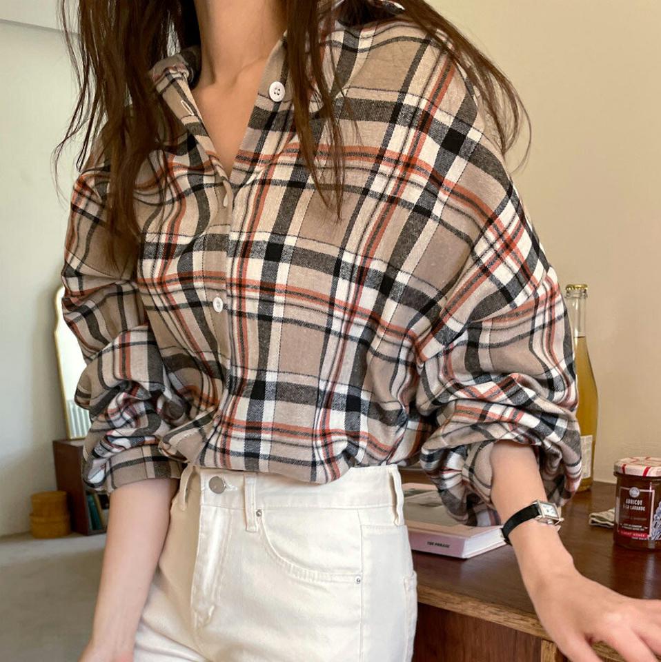 アンバランスへムチェックシャツ・t00073 レディース 【bl】トップス シャツ 長袖 チェック柄 チェックシャツ アンバランス カジュアル 襟 ラフ 茶色 ブラウン ルーズ ドロップショルダー クリスマス 秋 冬 春 韓国ファッション
