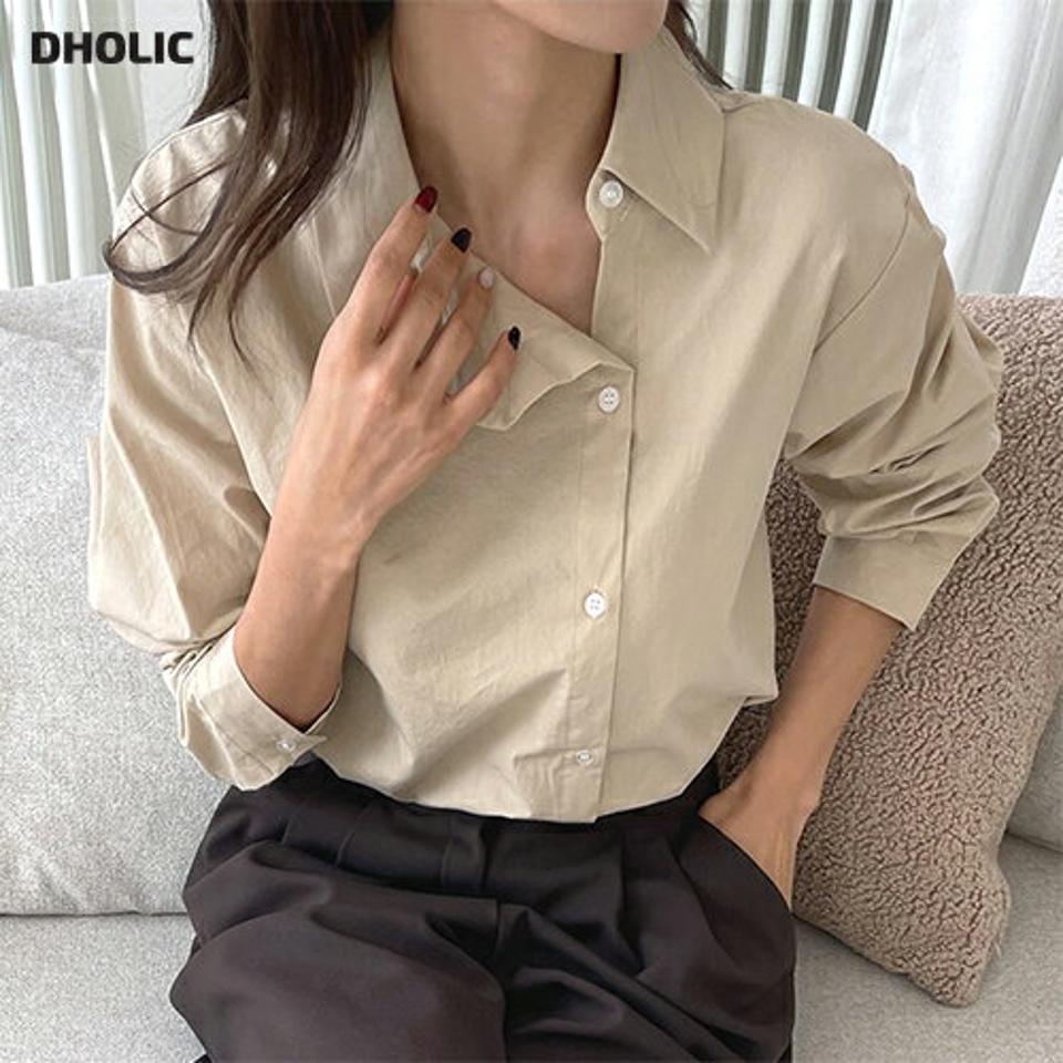 ダイアゴナルコットンシャツ・t00032 レディース 【bl】トップス シャツ 長袖 コットン 綿 ダイアゴナル 単色 無地 シンプル カジュアル ユニーク ベージュ オフィス 春 秋 冬 韓国ファッション