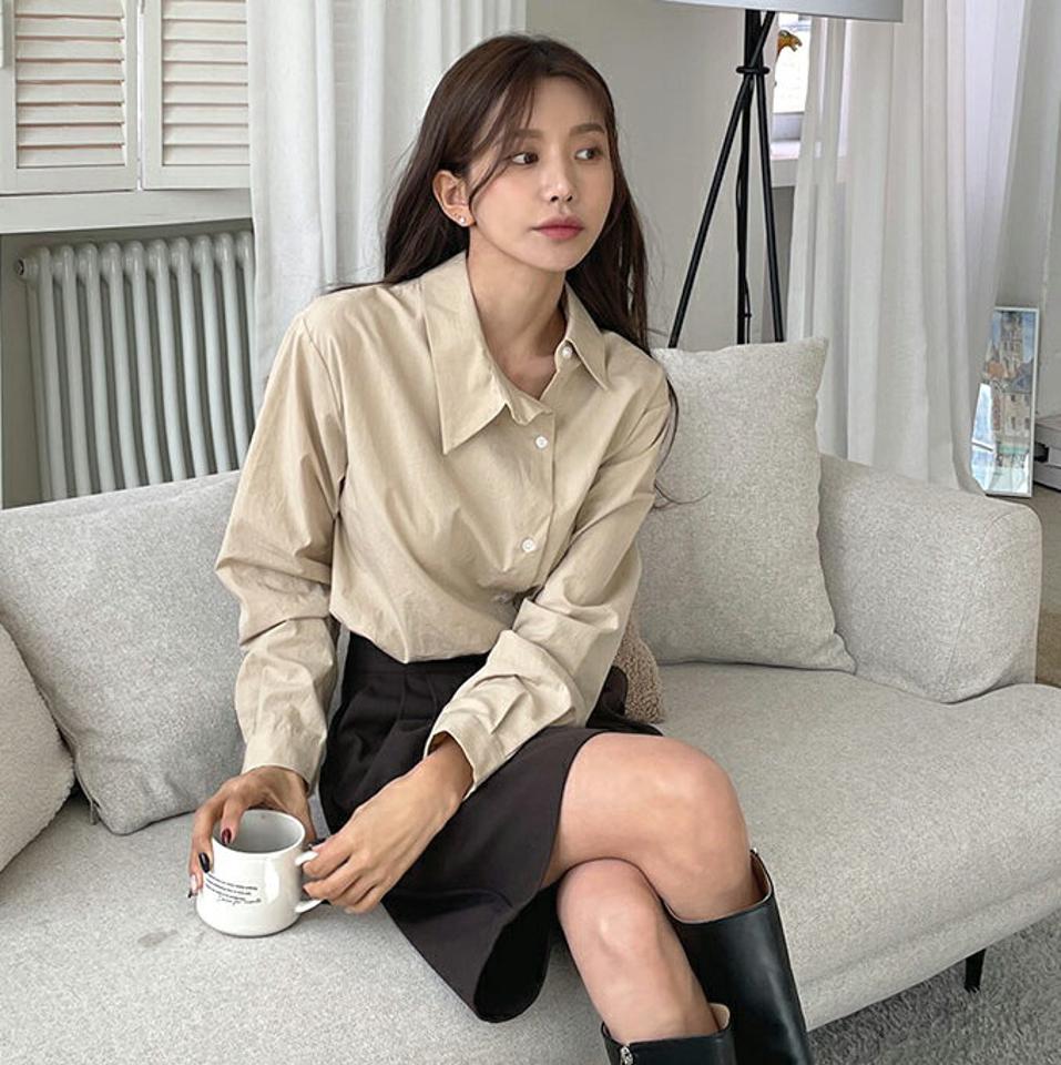 ダイアゴナルコットンシャツ・t00032 レディース 【bl】トップス シャツ 長袖 コットン 綿 ダイアゴナル 単色 無地 シンプル カジュアル ユニーク ベージュ オフィス 春 秋 冬 韓国ファッション