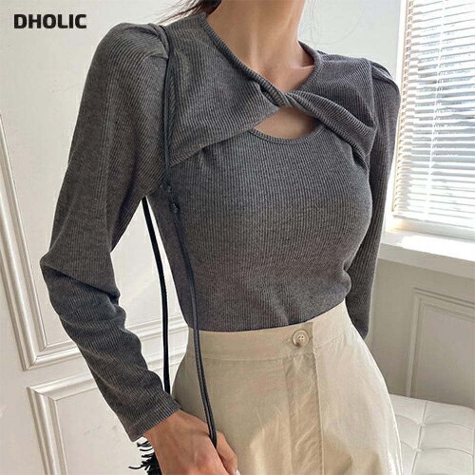 リブツイスト長袖Tシャツ・t00028 レディース 【tops】トップス Tシャツ 長袖 ロンT リブ ツイスト 胸元 肌見せ セクシー 大人 ワンホン 単色 無地 カジュアル パフスリーブ 秋 冬 韓国ファッション