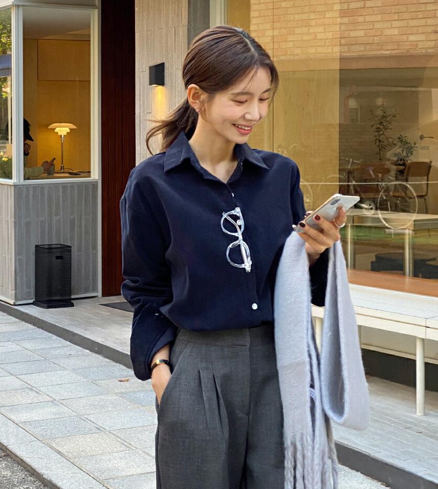 コットンコーデュロイシャツ・t00149 レディース 【bl】トップス シャツ 長袖 コーデュロイ 季節感 コットン 綿 襟 単色 無地 シンプル パステル 水色 ピンク カラーシャツ カジュアル 秋 冬 韓国ファッション