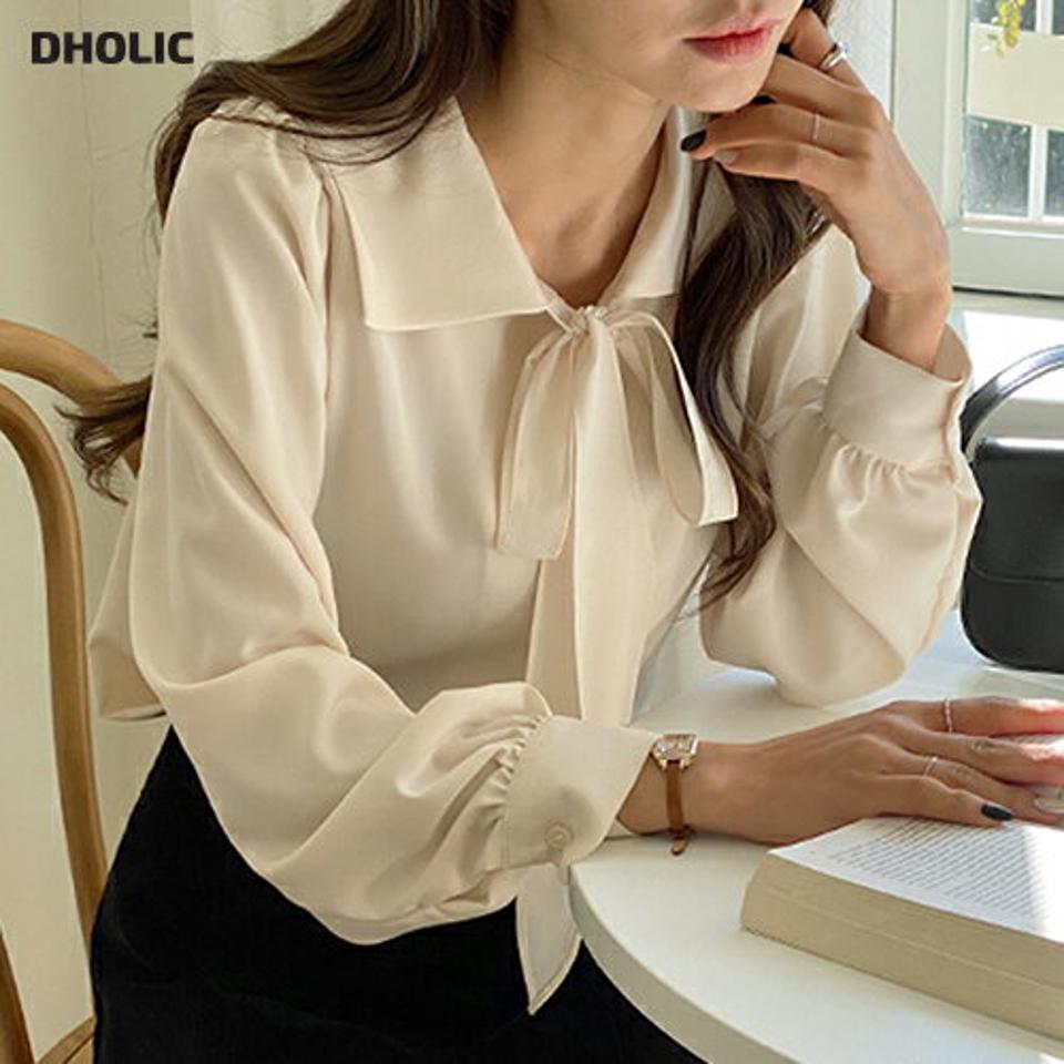 ビックカラーリボンブラウス・t00148 レディース 【bl】トップス ブラウス 長袖 りぼん ボウタイ 襟コン 大きい襟 ガーリー 単色 無地 シンプル かわいい 可愛い フレンチ スクールガール 大人 パフスリーブ ギャザー 秋 冬 韓国ファッション
