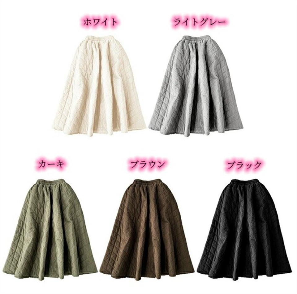 スカート レディース あたたかい ロング丈 ミディ 膝下 キルティング Aライン 防寒 ウエストゴム ゆったり 秋 冬 キルティン フレアスカート ロングスカート ボトムス フレア ロング ミモレ丈 秋冬 体型カバー 赤外線中綿 中綿 カーキ 黒 白 通勤 日常 デート ママコーデ