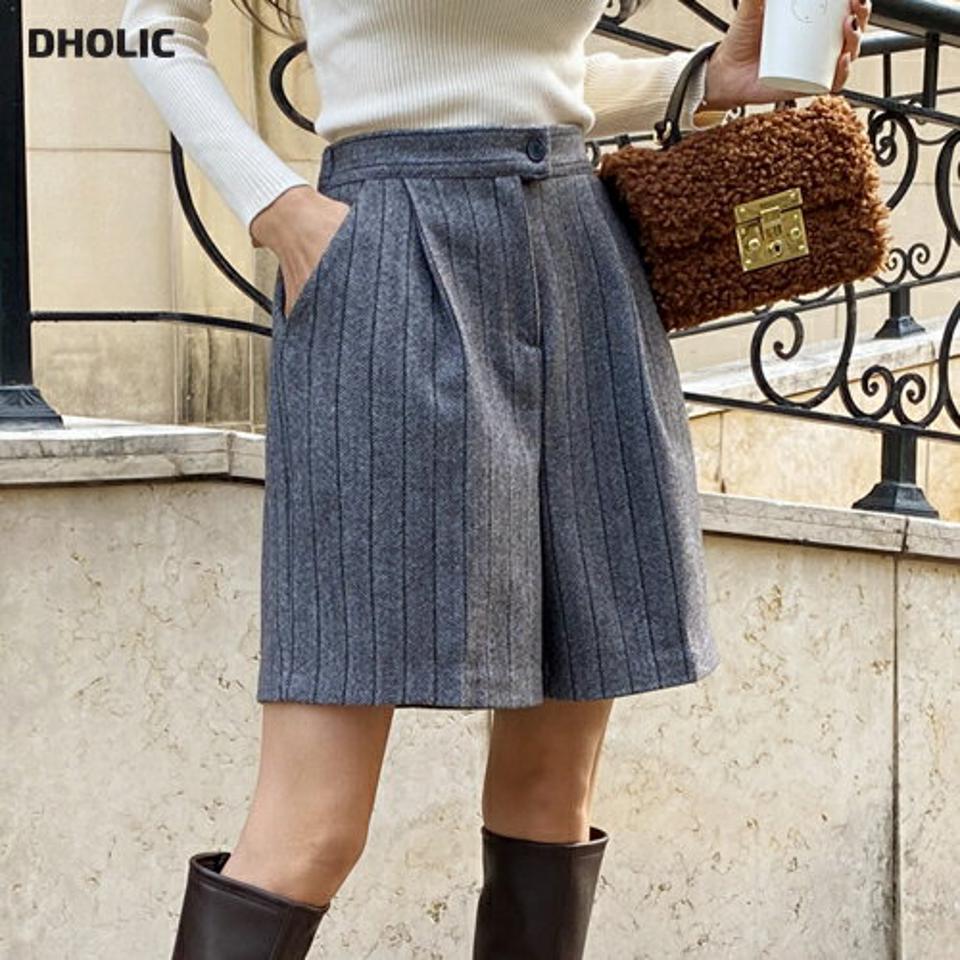 ヘリンボーンハーフパンツ・t00111 レディース 【pt】ボトムス ハーフパンツ ハーフ丈 ヘリンボーン シック ハイウエスト ワイド ワンタック ストライプ生地 シンプル 体型カバー カジュアル 秋 冬 韓国ファッション 人気