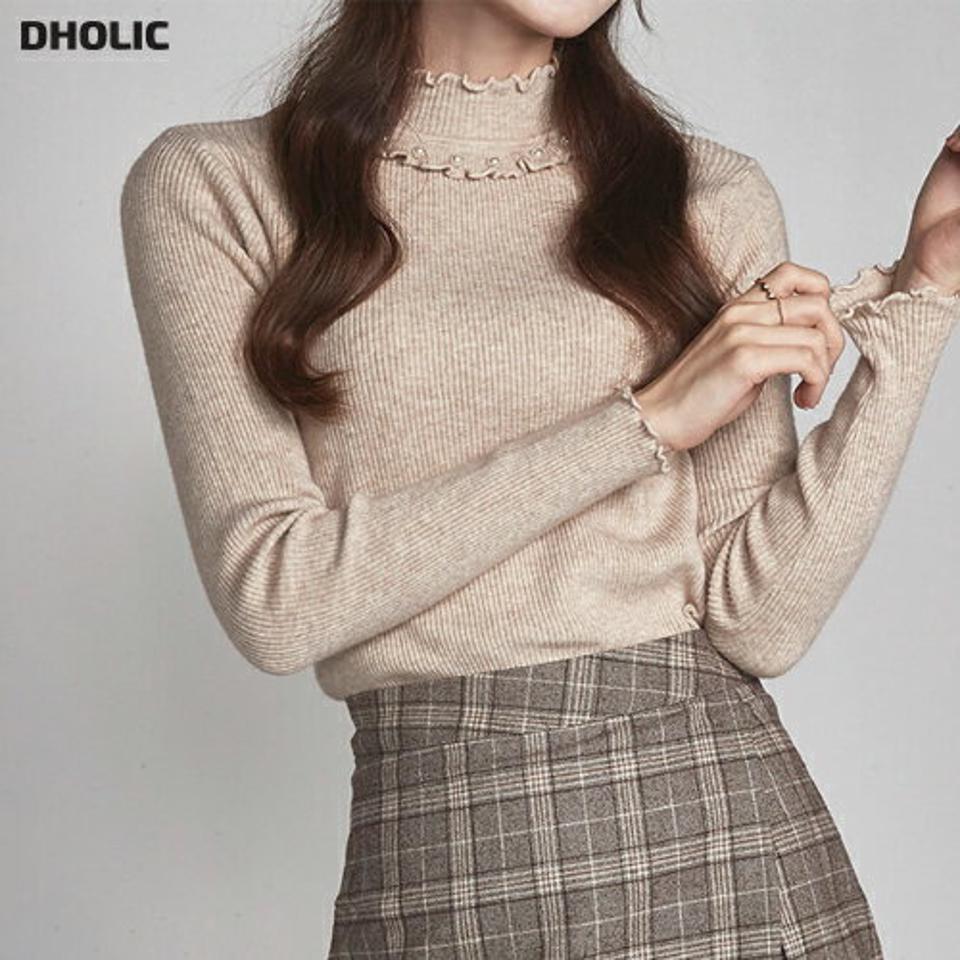 フェイクパールハーフネックニット・t00100 レディース 【tops】トップス ニット 長袖 ウェーブ ハーフネック ハイネック パール きれいめ フェミニン 単色 シンプル レディ 大人 スリム メロウ 襟コン 秋 冬 韓国ファッション