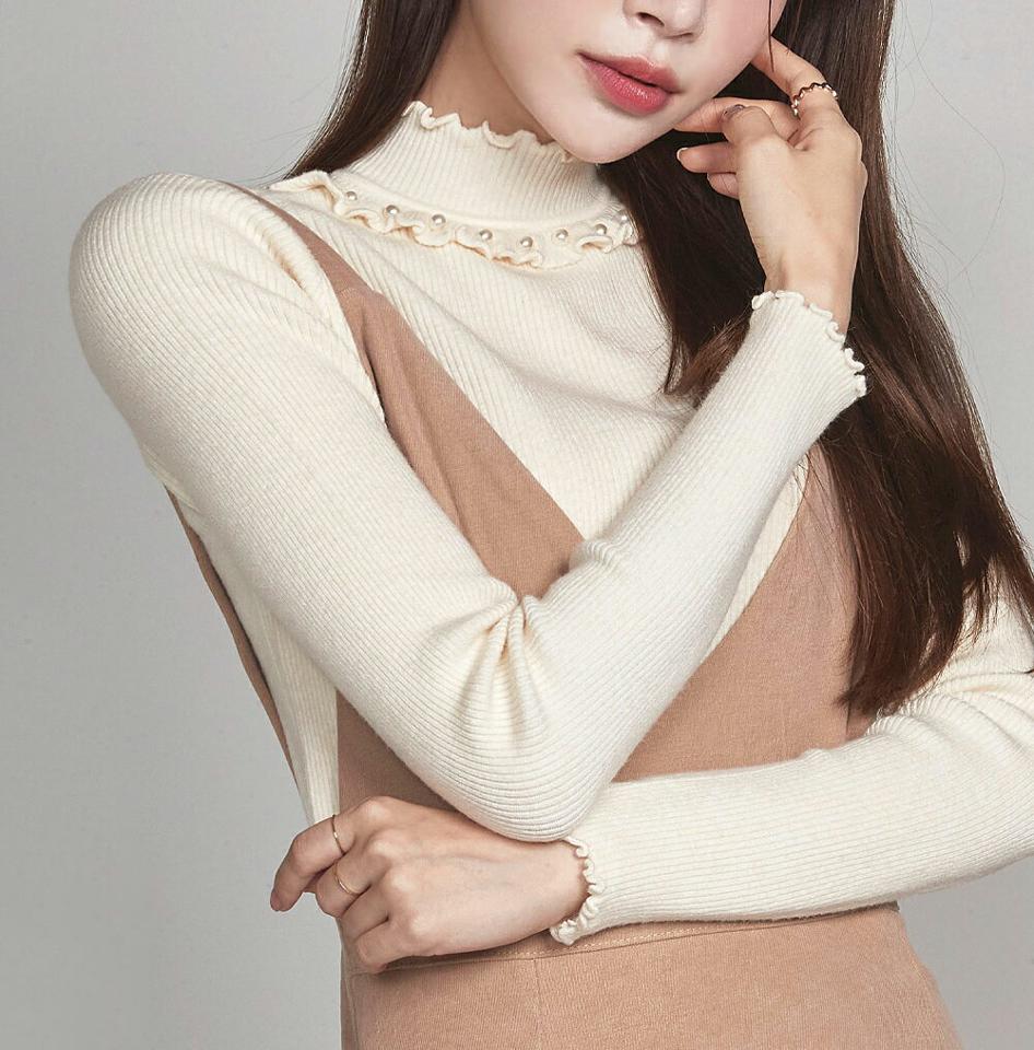 フェイクパールハーフネックニット・t00100 レディース 【tops】トップス ニット 長袖 ウェーブ ハーフネック ハイネック パール きれいめ フェミニン 単色 シンプル レディ 大人 スリム メロウ 襟コン 秋 冬 韓国ファッション