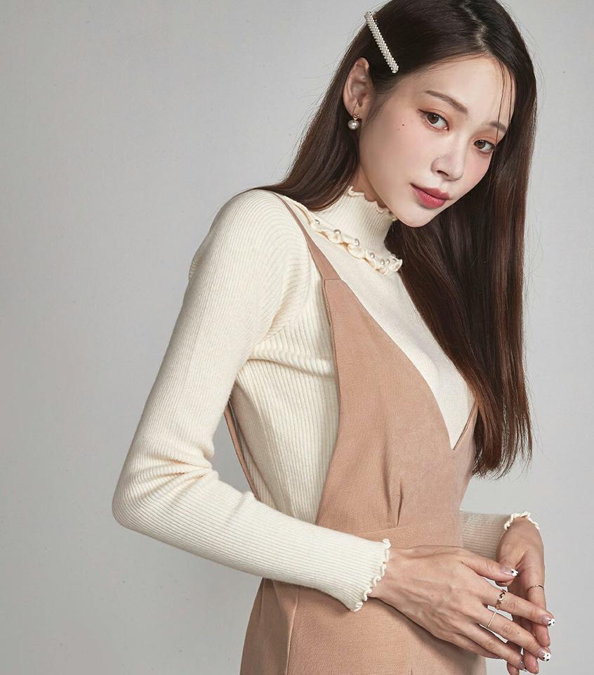 フェイクパールハーフネックニット・t00100 レディース 【tops】トップス ニット 長袖 ウェーブ ハーフネック ハイネック パール きれいめ フェミニン 単色 シンプル レディ 大人 スリム メロウ 襟コン 秋 冬 韓国ファッション