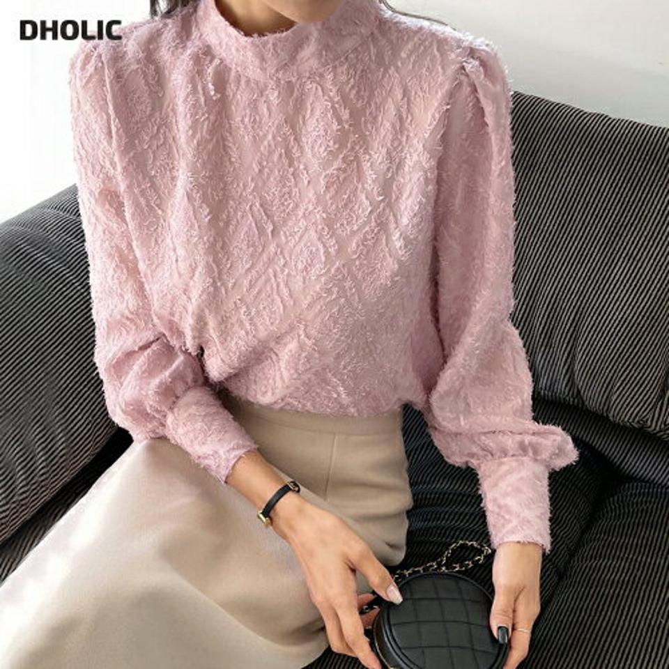 ソフトタッチパフブラウス・t00203 レディース 【bl】トップス 長袖 ブラウス パフスリーブ フェミニン きれいめ かわいい ハーフネック 模様 シアー 透け感 オケージョン ピンク 可愛い ファー 秋 冬 春 韓国ファッション 人気