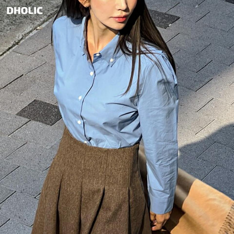 ボタンダウンクロップドシャツ・t00083 レディース 【bl】トップス シャツ 長袖 ボタンダウン 単色 無地 シンプル ベーシック 大人 オフィス オケージョン 青 ブルー カラーシャツ コットン 綿 白 ホワイト 秋 冬 春 韓国ファッション