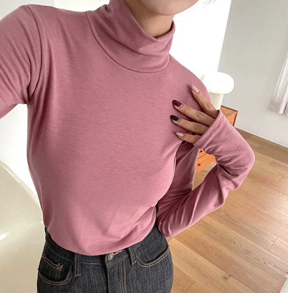 フィンガーホールハーフネックTシャツ・t00055 レディース 【tops】トップス Tシャツ ロンT 長袖 ハーフネック ハイネック フィンガーホール サムホール 親指 単色 無地 シンプル ベーシック 大人 ピンク 萌え袖 秋 冬 韓国ファッション
