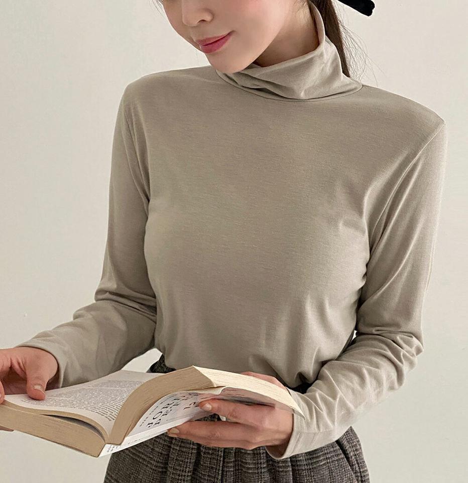 裏起毛ハイネック長袖Tシャツ・b00121 レディース 【tops】トップス Tシャツ 長袖 ロンT ハイネック 裏起毛 単色 無地 シンプル ベーシック 大人 カジュアル クリスマス 冬 韓国ファッション