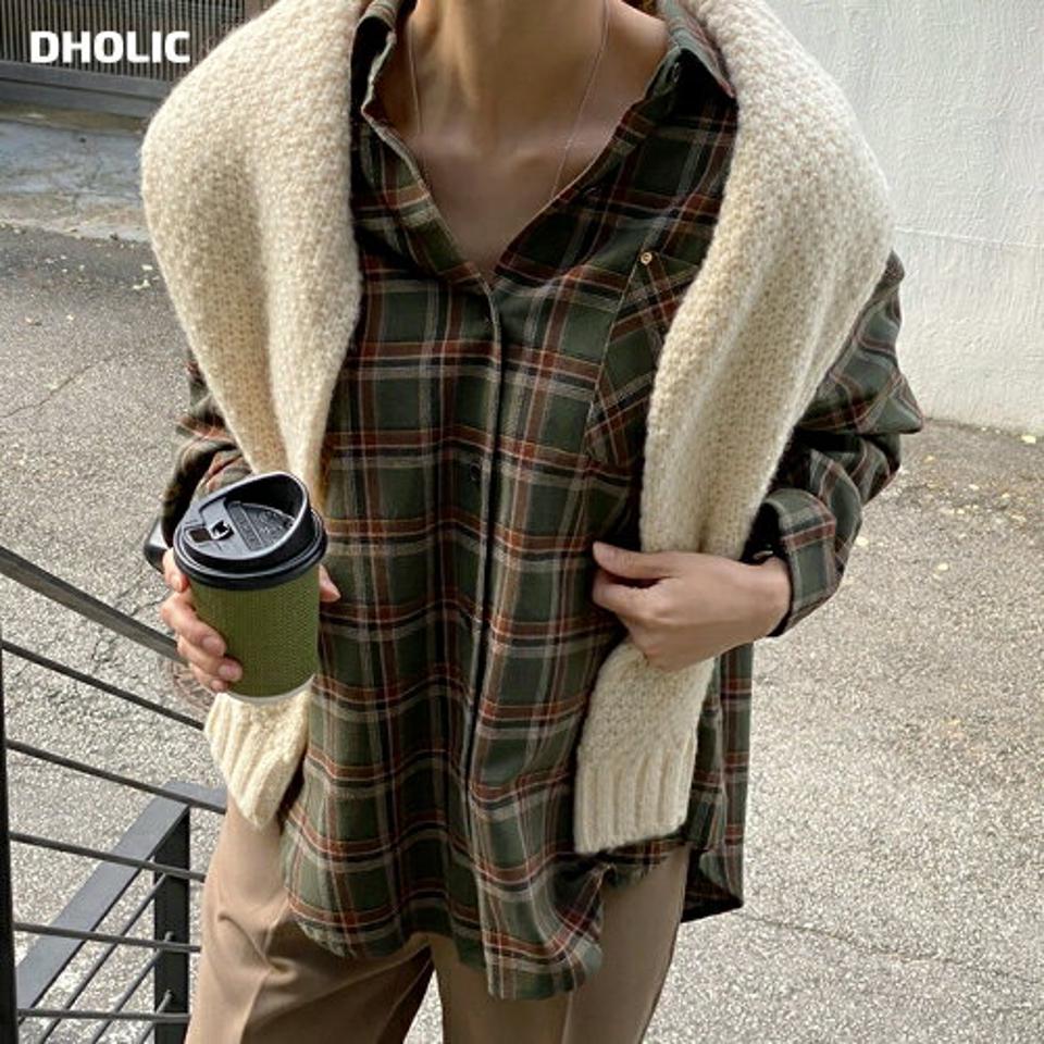 コットンルーズチェックシャツ・t00090 レディース 【bl】トップス シャツ チェック柄 長袖 カジュアル ラフ コットン 綿 チェックシャツ ルーズ ラウンドヘム ドロップショルダー クリスマス 秋 冬 春 韓国ファッション